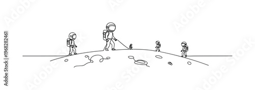 Space Inhabitants. Minimalistic one-line drawing tiny Martians exploring planet surface, continuous single black line on white background, simple outline