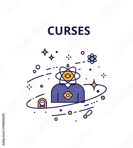 Curses supernatural aura concept where floating mystical energy swirls around an object while tiny sparkle and line icons highlight magical power, secrecy, and