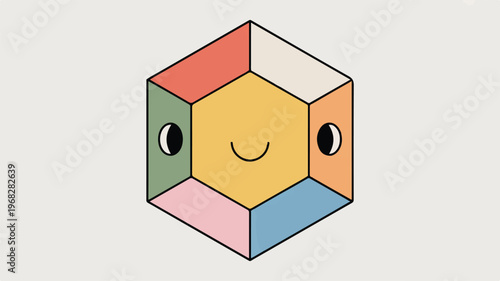 Geometric Harmony: A vibrant, smiling hexagon, constructed from diverse colors, radiates joy and symmetry. A delightful illustration, where geometry meets cheerfulness.