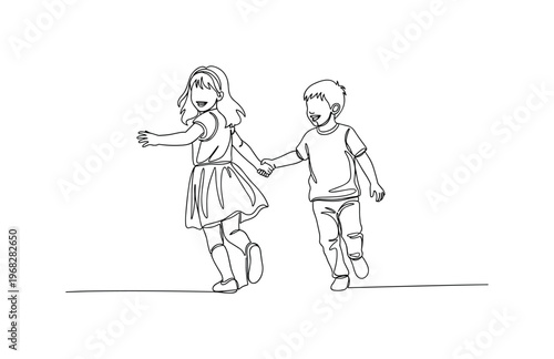 Fun Together. Minimalistic one-line drawing siblings running and playing tag, continuous single black line on white background, simple outline style, no