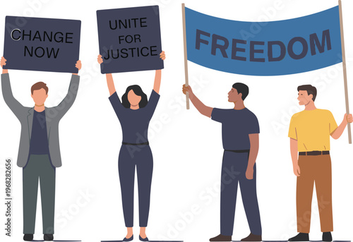 A diverse group of flat vector people characters holding protest signs and banners for freedom justice and change representing activism demonstration and social movement.