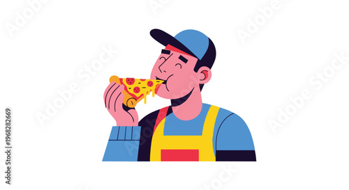 A person in a uniform enjoys a cheesy slice of pizza, a moment of simple pleasure captured in a clean illustration