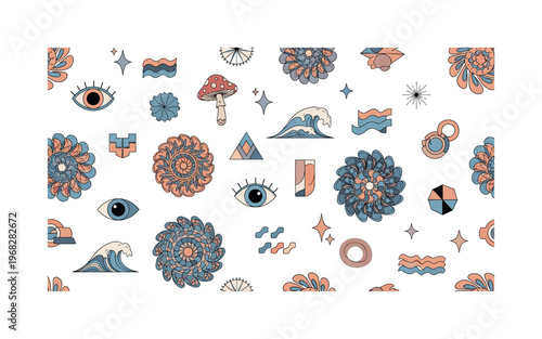trippy visuals icons seamless pattern, repeating pattern, surface design, textile print, modern illustration of fractals, spirals, mushrooms, waves, cosmic