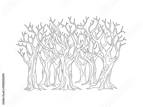 Creepy Forest. Minimalistic one-line drawing gnarled tree trunks and twisting branches, continuous single black line on white background, simple outline style,