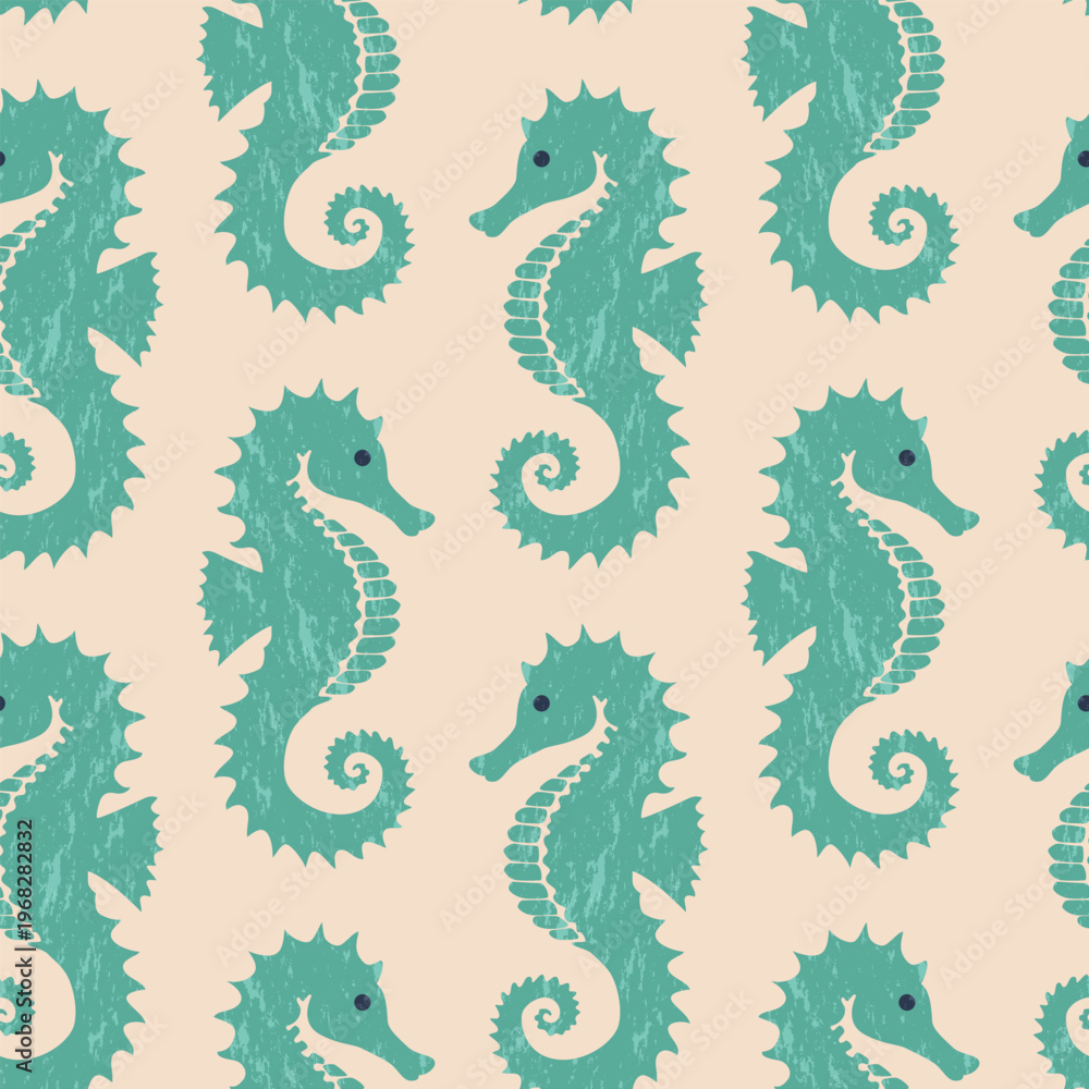 Obraz premium Seamless pattern with seahorses in linocut style with grain texture in ocean theme and soft coastal colors