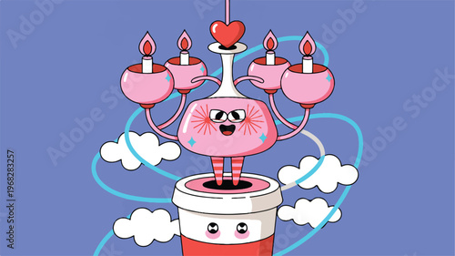 Cartoon Coffee: whimsical cartoon-style illustration of a coffee cup with a love-themed chandelier character and a joyful face with a cartoonish look.