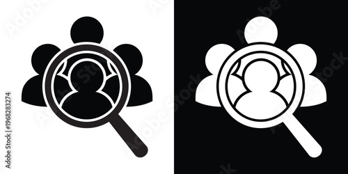 Recruitment search icon. Magnifying glass focusing on a solid group of people. Symbol for candidate screening, headhunting, and employee selection process.