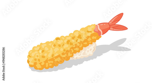 Crispy golden tempura shrimp nigiri sushi with delicate rice base and subtle shadow detail on white background