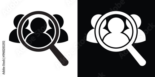 Recruitment search icon. Magnifying glass focusing on a solid group of people. Symbol for candidate screening, headhunting, and employee selection process.