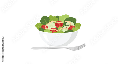 Fresh and Vibrant Salad in a White Bowl with Fork on a Clean White Background