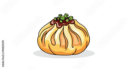 Stylized cartoon illustration of a delicious steamed bun with savory sauce and fresh green onions on top