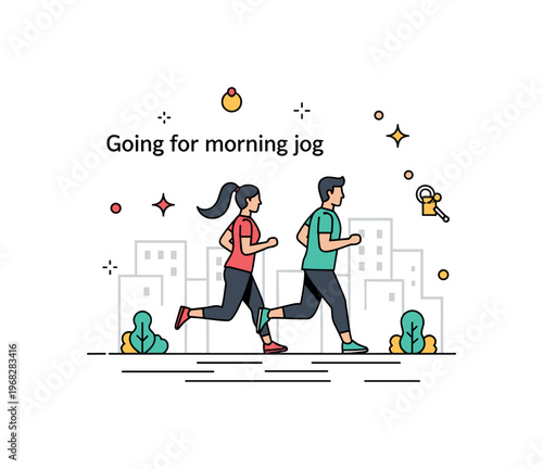 Going for a morning jog jogging with a dog concept where a person runs with their dog on a park path while small sparkle and paw icons emphasize companionship,