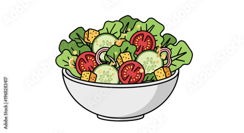 Vibrant and Fresh Hand-Drawn Illustration of a Wholesome Salad in a White Bowl, Perfect for Healthy Eating Themes