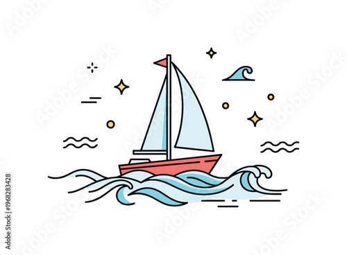 Sailing boat gentle waves scene where the boat moves smoothly across rippling water while small sparkle and wave icons emphasize calm, rhythm, and nautical