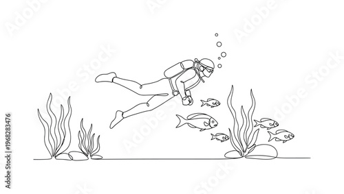 Marine Life Diver. Minimalistic one-line drawing scuba diver swimming near fish and seaweed, continuous single black line on white background, simple outline