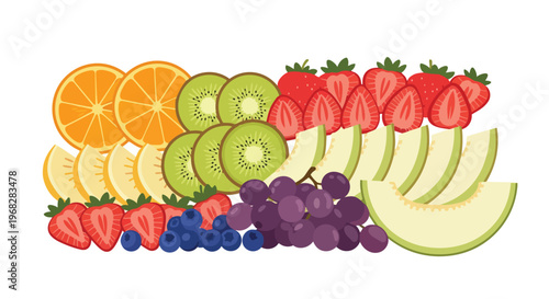 An artistic arrangement of assorted sliced fruits including oranges, kiwis, strawberries, grapes, blueberries, and melon slices presented on a white