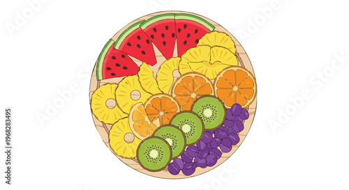 A Vibrant Assortment of Sliced Fresh Fruits Artfully Arranged on a Wooden Platter, Evoking Health and Refreshment