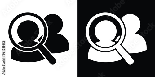 Recruitment search icon. Magnifying glass focusing on a solid group of people. Symbol for candidate screening, headhunting, and employee selection process.