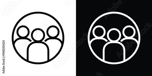 Team circle line icon. Group of people framed in a circular border. Community membership, social circle, or corporate team avatar symbol. Black and white vector.