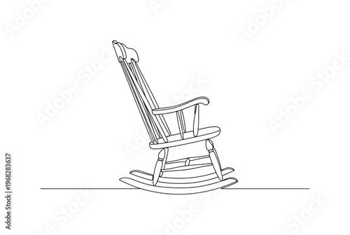 Rocking Chair Design. Minimalistic one-line drawing side view of wooden rocking chair, continuous single black line on white background, simple outline style,