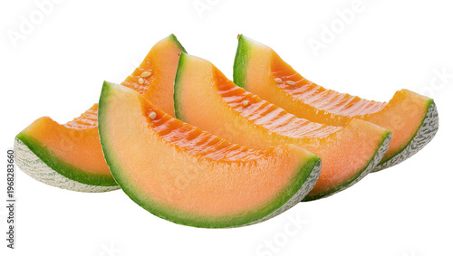 Freshly sliced cantaloupe melon displaying vibrant orange flesh and textured green rind, isolated on transparent background for healthy food promotions