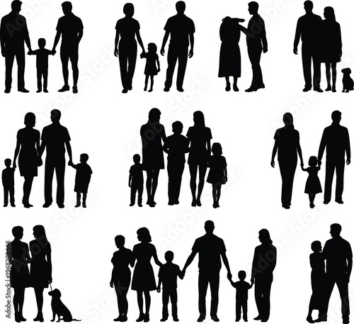 A comprehensive collection of diverse family silhouettes featuring parents children and pets in various poses representing love togetherness unity and happiness for creative graphic design projects.