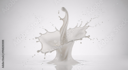 Splash of white milk on a gray background with dynamic movement and droplets