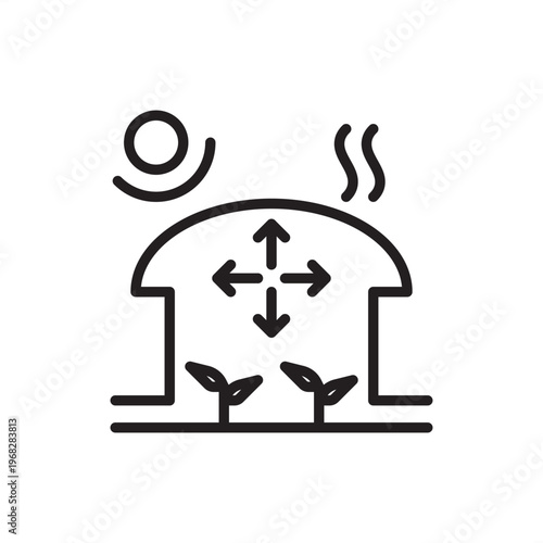 Greenhouse climate control icon symbolizing precision agtech, represents automated ventilation hardware, humidity regulation tools, HVAC systems, smart farming gear, and horticultural growth logistics