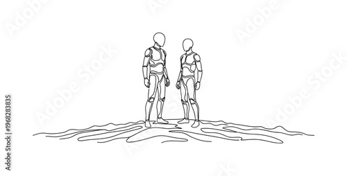 Alien Figures. Minimalistic one-line drawing Martians standing on rocky planet, continuous single black line on white background, simple outline style, no