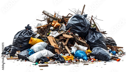 A large, messy pile of assorted trash and debris, including bags, wood, and various discarded items
