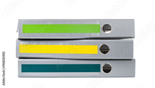 Stacked gray ring binder folders with vibrant green yellow and teal color bands, isolated on transparent background for office supplies