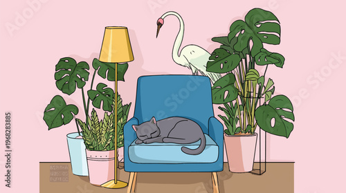 Cozy Corner Serenity: A tranquil indoor scene, featuring a sleeping cat nestled in a plush armchair, surrounded by lush potted plants, a swan ornament, and a softly glowing lamp.