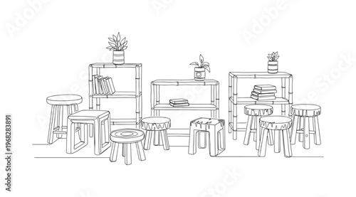 Eco-Material Furniture. Minimalistic one-line drawing bamboo shelves, wooden stools, and recycled decor elements, continuous single black line on white