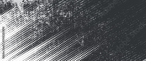 Grunge halftone gradient background. Faded grit noise texture. White and black sand wallpaper. Retro pixelated backdrop. Anime or manga style comic overlay. Vector graphic design textured template