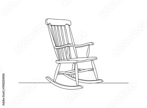 Minimalist Rocking Chair. Minimalistic one-line drawing simple wooden rocker with curved legs, continuous single black line on white background, simple outline