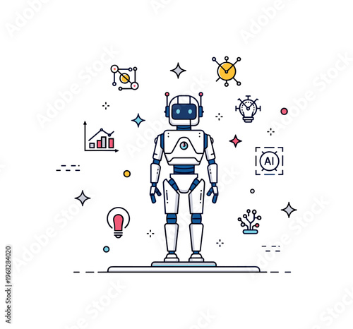Robot futuristic concept scene where a humanoid robot stands on a sleek platform with small sparkles and line icons emphasizing technology, innovation, and