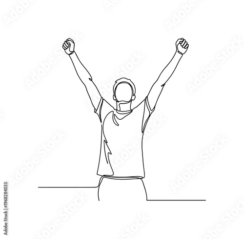 Winning Spirit. Minimalistic one-line drawing person raising arms with celebration energy, continuous single black line on white background, simple outline