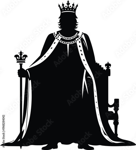Silhouette of a king sitting on a throne holding a scepter regal symbol for monarchy and power isolated on white