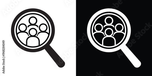 Search team icon. Magnifying glass focusing on a group of four people line icons. Human resources, recruitment, and talent acquisition concept. Black and white vector set.