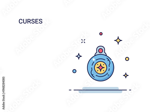 Curses enchanted talisman concept where a glowing amulet hovers above a surface while small sparkle and star icons emphasize magic, danger, and mystical