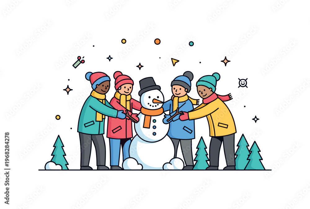 Fototapeta premium Group of friends winter outing scene where friends build a snowman together while tiny sparkle and star icons highlight joy, teamwork, and seasonal fun. The