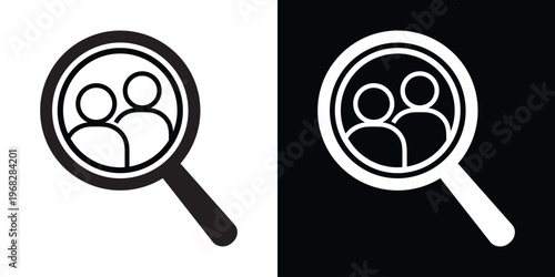 Search team icon. Magnifying glass focusing on a group of four people line icons. Human resources, recruitment, and talent acquisition concept. Black and white vector set.