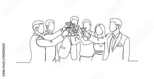 Elegant Gathering. Minimalistic one-line drawing guests raising glasses for toast at cocktail party, continuous single black line on white background, simple