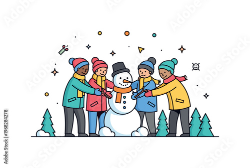 Group of friends winter outing scene where friends build a snowman together while tiny sparkle and star icons highlight joy, teamwork, and seasonal fun. The