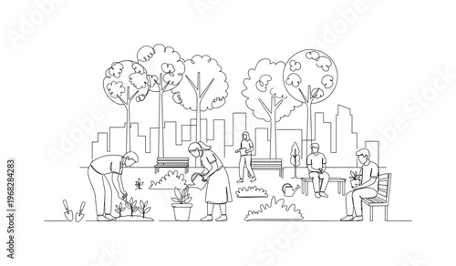 Urban Green Spaces and Community Gardens. Minimalistic one-line drawing people tending plants in a city garden with trees and benches, continuous single black