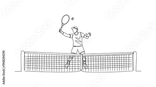 Tennis Action. Minimalistic one-line drawing player hitting ball over net with racquet, continuous single black line on white background, simple outline style,