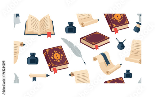 antique literature icons seamless pattern, repeating pattern, surface design, textile print, modern illustration of old books, quills, ink bottles, open pages,
