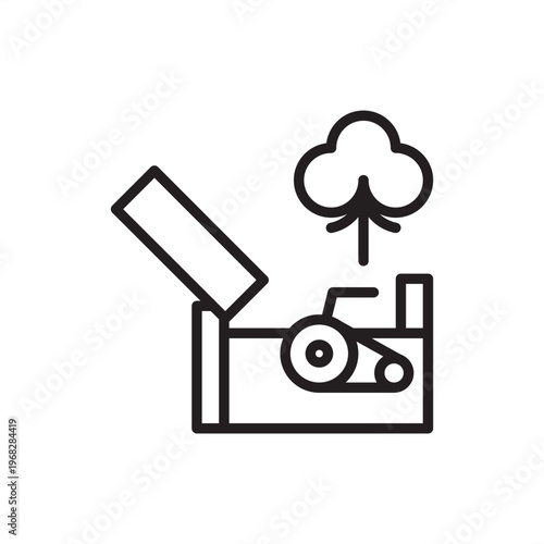Cotton gin icon symbolizing textile tech, representing fiber separation hardware, cotton processing tools, seed extraction gear, industrial ginning systems, and agricultural raw material logistics.
