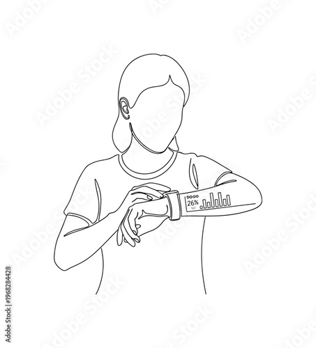 Activity Tracker. Minimalistic one-line drawing person looking at wearable device displaying fitness data, continuous single black line on white background,