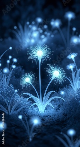 Glowing Blue Flowers in a Dark Field.